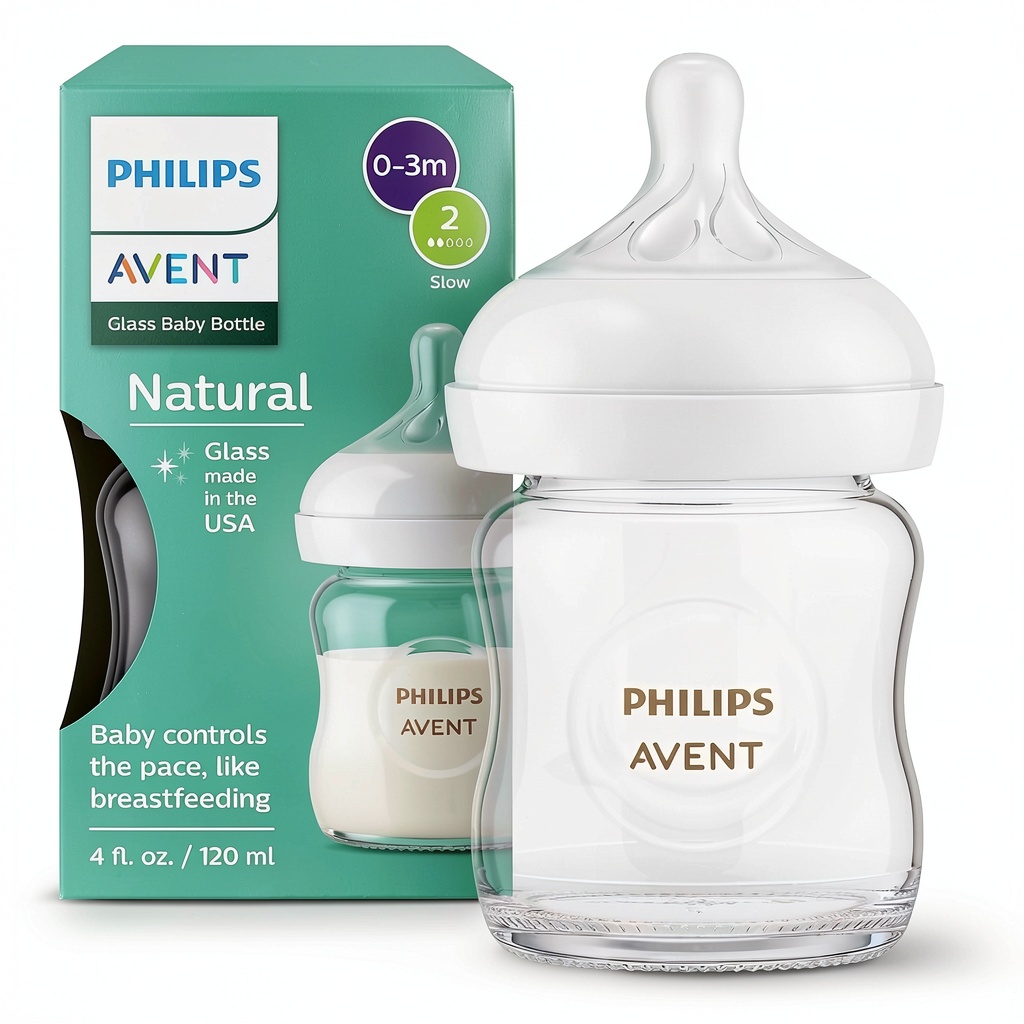 Philips Avent glass baby bottle being held by a parent