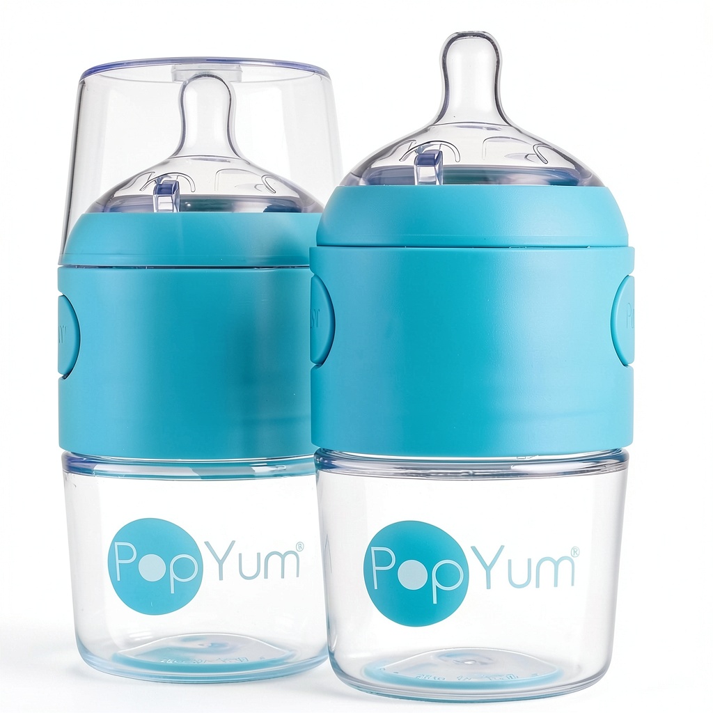 PopYum One Handed Feeding Bottle BPA Free being used by a parent on a stroller