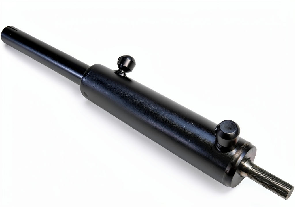 Steering cylinder installed on a Ford tractor in a farm setting