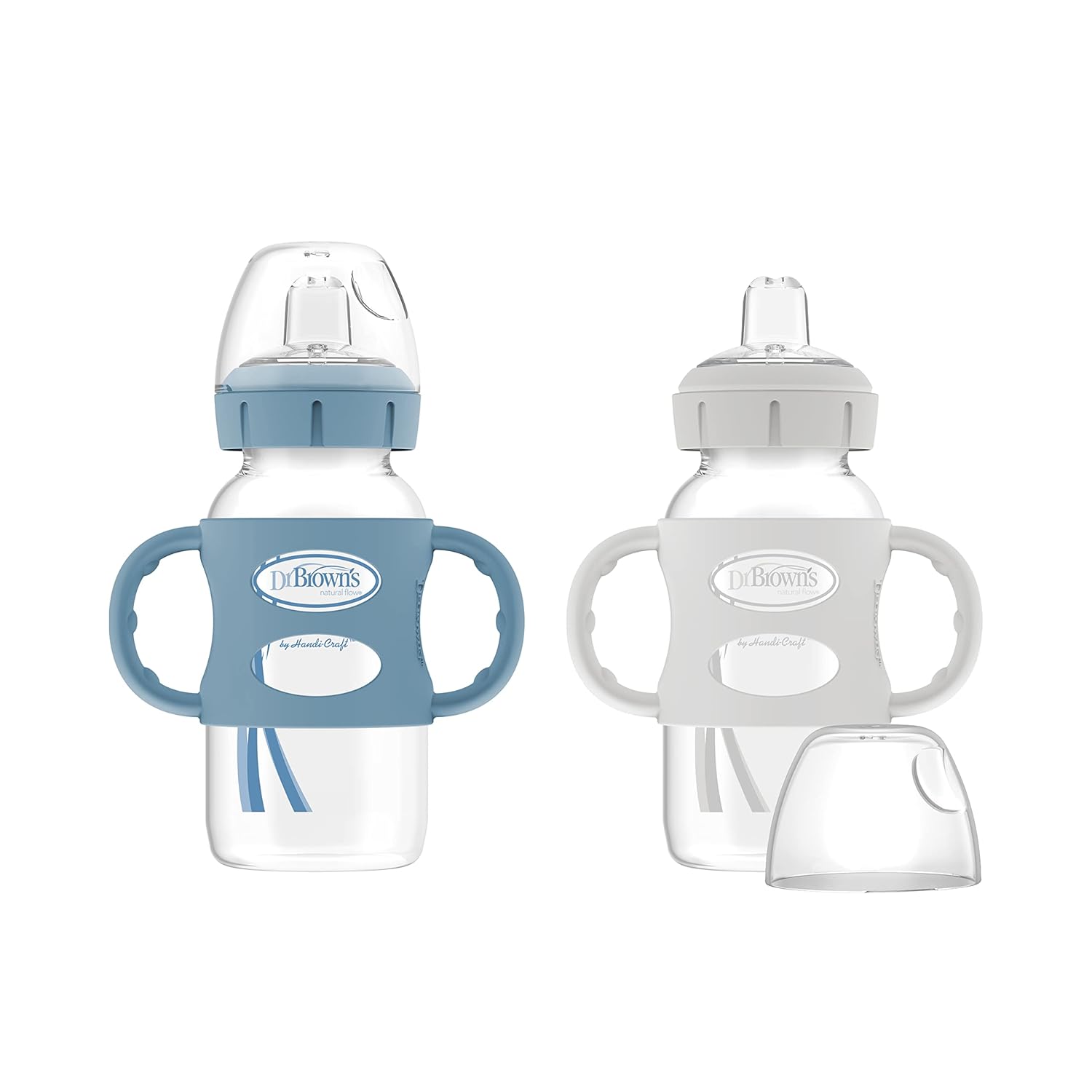 Baby holding Dr. Brown’s transitional sippy bottle with silicone handles