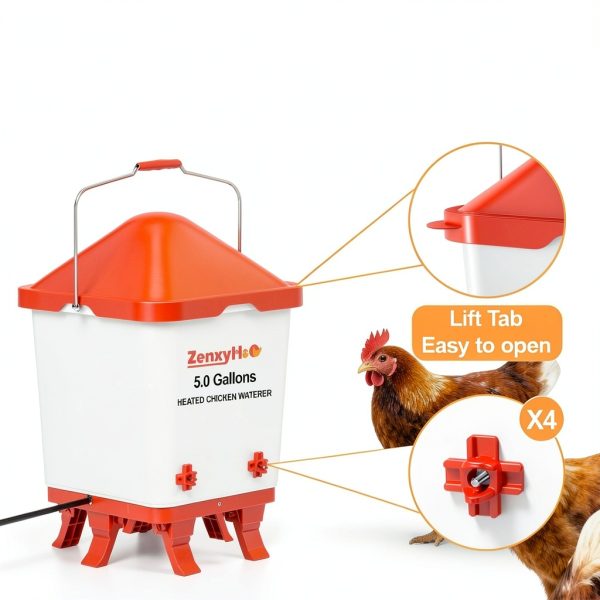 Heated Chicken Waterer Bucket 5 Gallon ZenxyHoC 4 Nipples 10ft Cord-4