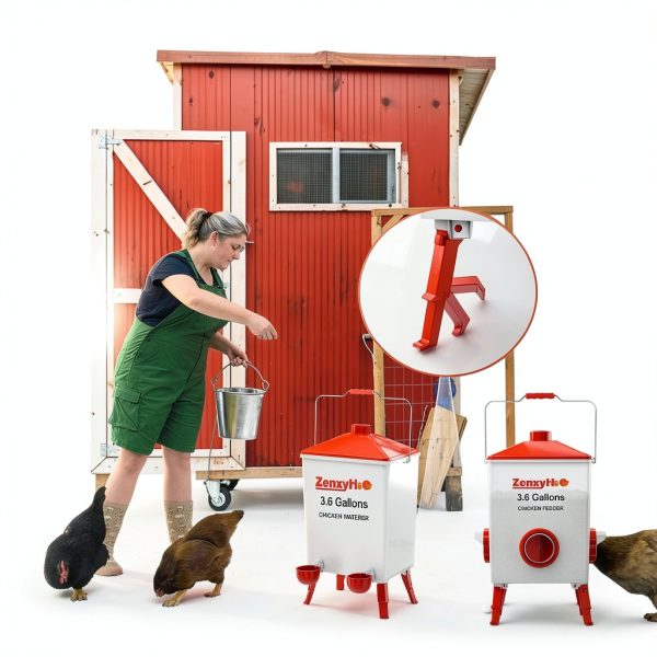 2 * 3.6 Gallons Chicken Waterer Bucket with Handle, Adjustable Legs and Anti Roost Cone-3