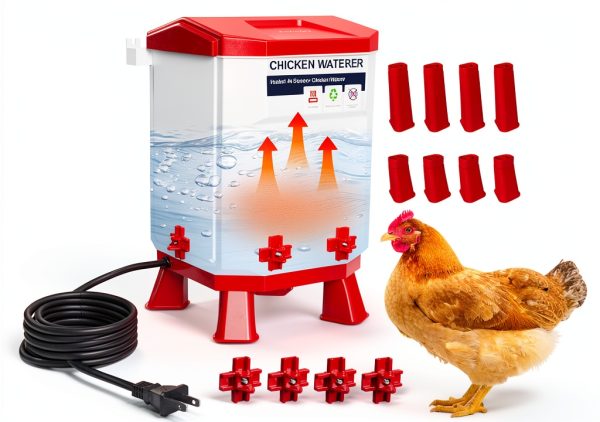 Heated Chicken Waterer, 2 Gallon Thermostatic Poultry Drinker with 4 Nipples, Outdoor Winter Water Heater with Leg Base for Chickens, Ducks, Geese, Turkeys, Anti-Freeze Automatic Watering System-0